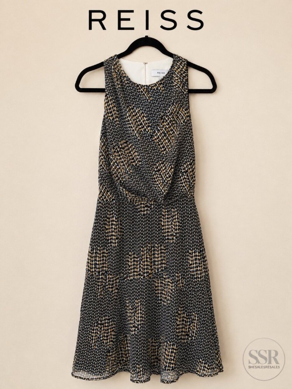 Reiss Abstract Print Open Back Fit Flare Dress Navy Mustard White US 2